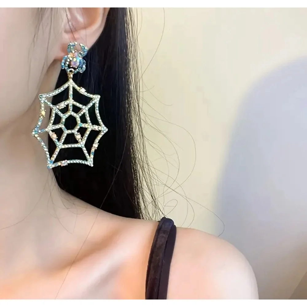 Blue Rhinestone Spider Web Stud Back Drop Earrings